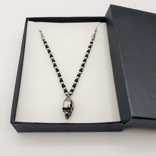 Collana pallini bruniti pendente SKULL  uomo ACCIAIO