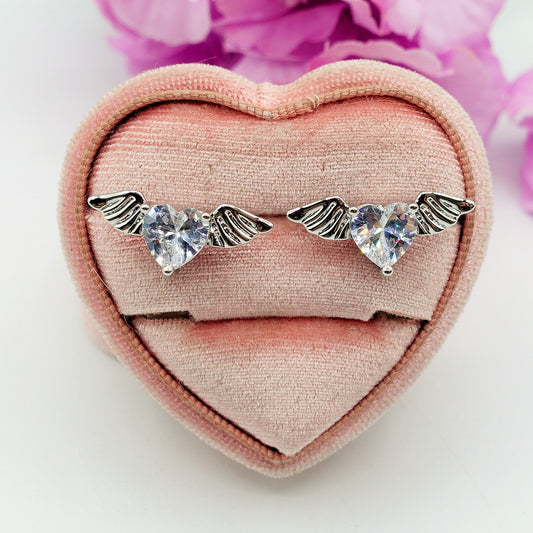 ANGEL ~ orecchini bottone cuore alato con cubic zirconia